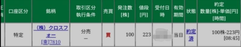 クロスフォー(7810)立会外分売　松井証券から当選